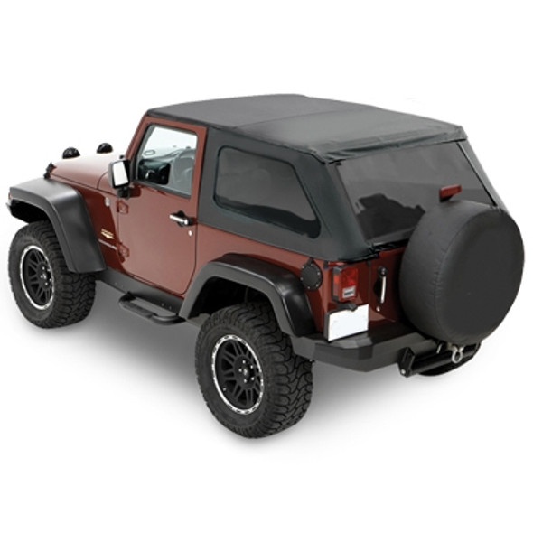 Want to add a fresh new look to your Wrangler? Heres a great way to do just that! Introducing the new Frameless Softop from Bestop®, the Trektop NX! No bulky hardware is required for installation of this unique softop. Trektop NX Includes factory style door surrounds and features an easy flip back canopy for instant open air driving. For appearance and durability, the premium fabric maintains shape in any temperature. The fabric is mildew-resistant and contains UV inhibitors and includes tinted rear and side windows. Rear and side windows are easily removed for Safari bikini style driving.Two-year limited warranty. New - easily installed soft top without bow system OE premium fabric that maintains its shape in any temperature, mildew resistant, contains UV inhibitors Door surrounds included with kit Tensioning bow included with kit Tinted windows included with kit Tailgate Bar and Retaining Clips included with kit Removable side windows and rear curtain Easy installation (no bows)