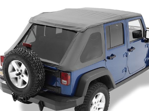 Want to add a fresh new look to your Wrangler? Heres a great way to do just that! Introducing the new Frameless Softop from Bestop®, the Trektop NX! No bulky hardware is required for installation of this unique softop. Trektop NX Includes factory style door surrounds and features an easy flip back canopy for instant open air driving. For appearance and durability, the premium fabric maintains shape in any temperature. The fabric is mildew-resistant and contains UV inhibitors and includes tinted rear and side windows. Rear and side windows are easily removed for Safari bikini style driving.Two-year limited warranty. New - easily installed soft top without bow system OE premium fabric that maintains its shape in any temperature, mildew resistant, contains UV inhibitors Door surrounds included with kit Tensioning bow included with kit Tinted windows included with kit Tailgate Bar and Retaining Clips included with kit Removable side windows and rear curtain Easy installation (no bows)