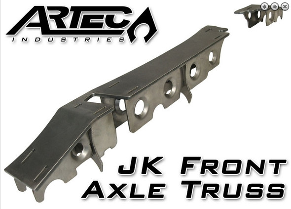 This heavy duty and light weight truss system and armor is designed to take serious abuse and reinforce your front Dana 30 or Dana 44 JK axle. The 1/4" thick truss top and 10Ga. gusseting incorporates a unique design to strengthen both axle tubes, not just the long tube (commonly found in "other" designs). The precision cut and formed components of this setup ensure a hassle-free installation. NOTE: This kit requires general welding and fabrication skills including welding to the cast center section. Welding should only be done by a competent welder. Artec Industries implies no guarantees or warranties and is not liable for improper installation. *Some grinding and fitment may be required when installing this kit. Every axle varies slightly and some fabrication may be required.1/4" and 10 gauge (.130") mild steel. Precision CNC cut and bent for great fitment.* Truss is low profile to allow clearance above the axle. Truss spans length of long side AND short side. Truss is reinforced using interlocked 10 gauge thick gussets for maximum strength and easy assembly. Overall low profile design means your axle is stronger, sleaker, easier to fit into any vehicle, and less likely to interfere with vehicle components.